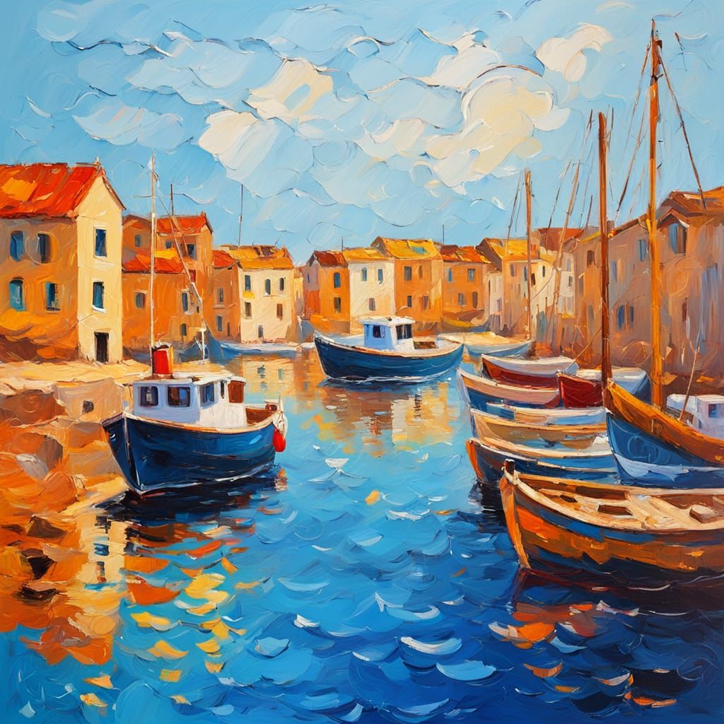 Impasto Harbor Scene with Golden Light