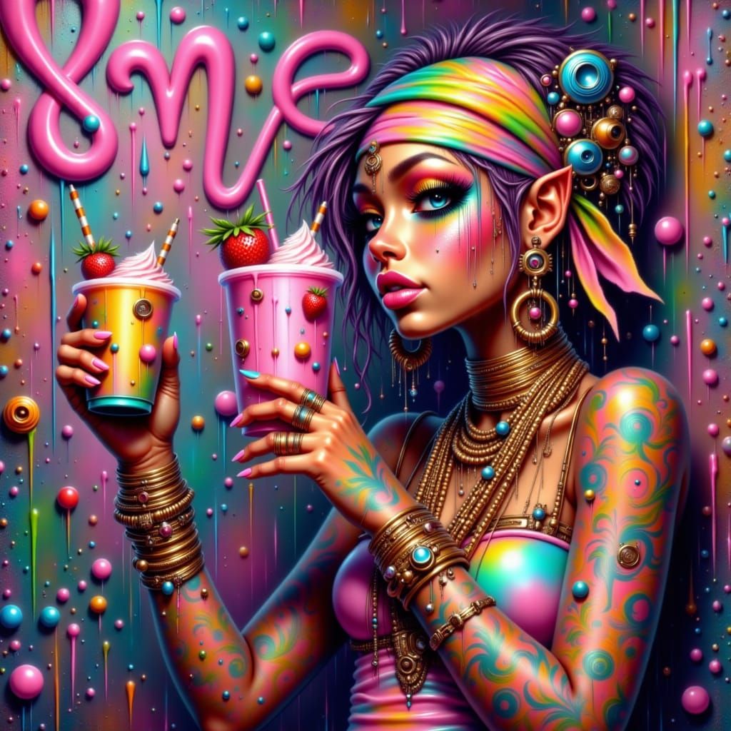 Hip-Hop Artist with Strawberry Smoothie in Pop Art Style