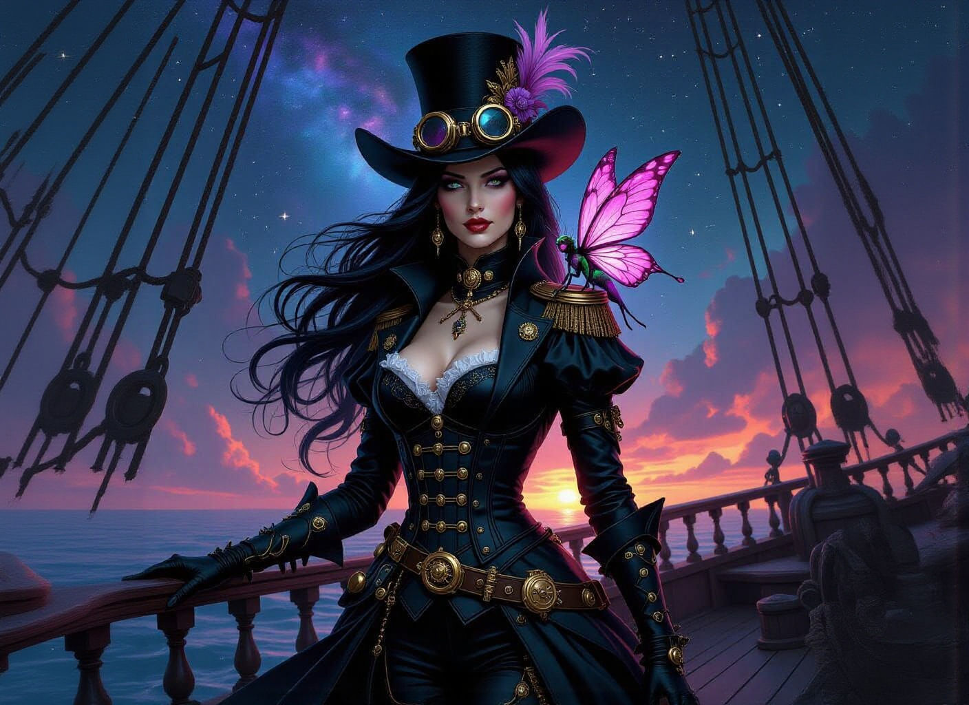 Gothic Steampunk Pirate Captain in Cosmic Galaxy