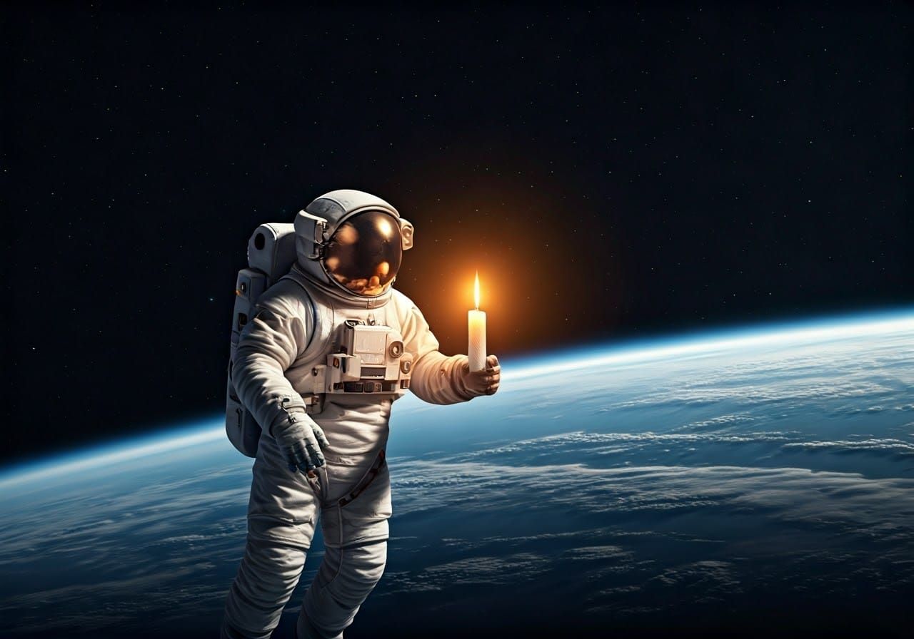 Astronaut in Space Defies Gravity with Flickering Candle