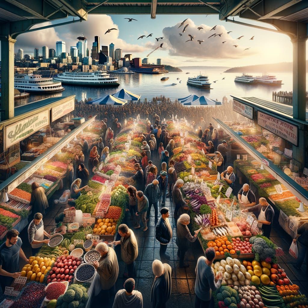 Vibrant Pike Place Market Seattle Waterfront Scene
