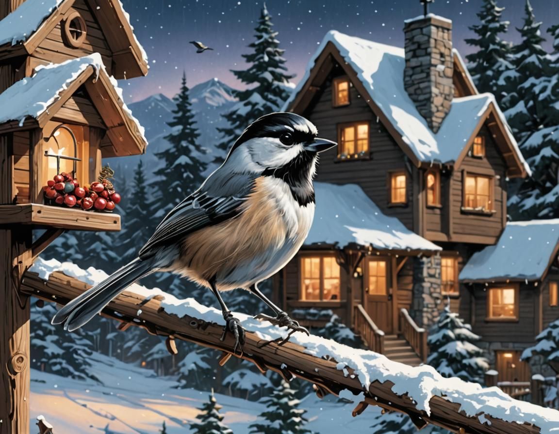 Mountain Chickadee at Snowy Lodge, Comic Book Art