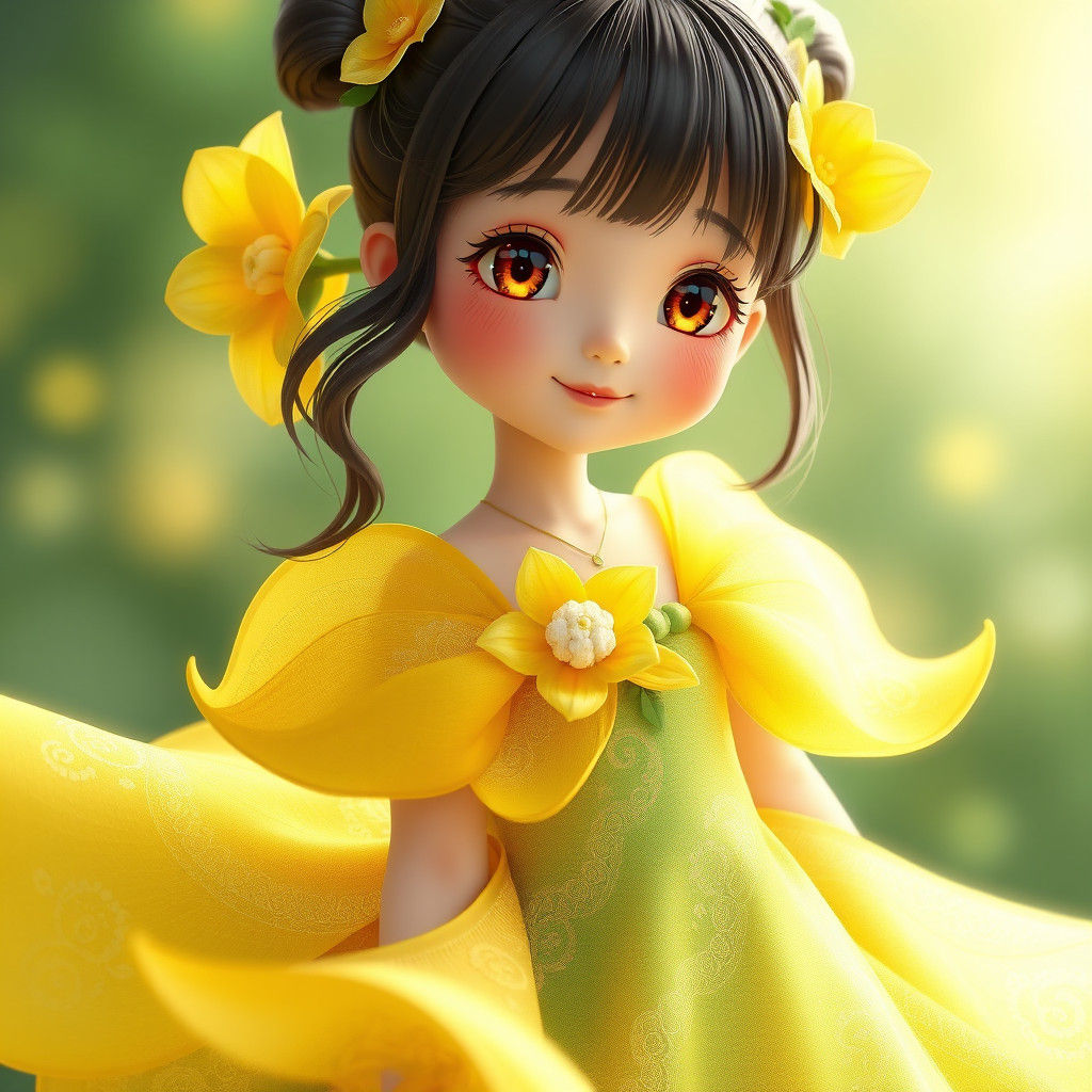 Whimsical Anime-Style Freesia Girl in Vibrant Yellow and Gre...