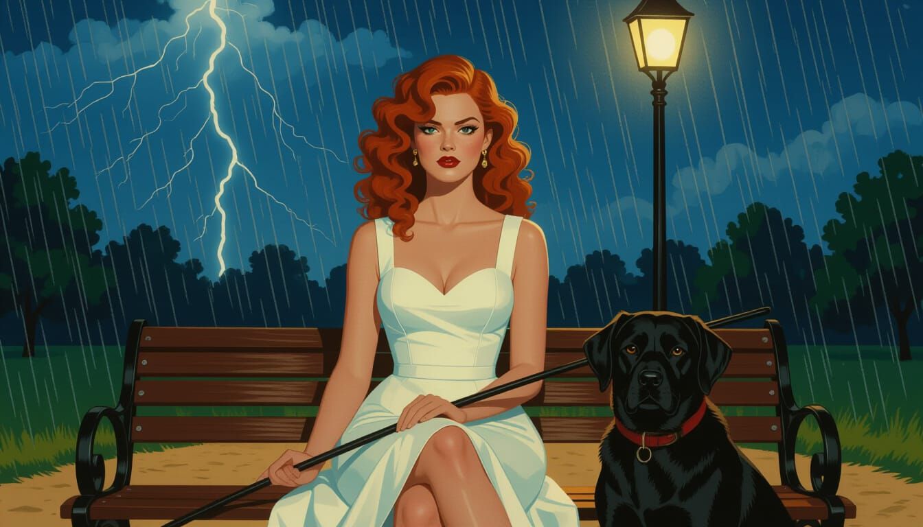 Woman and Dog in Rainy Park, Realistic Photography
