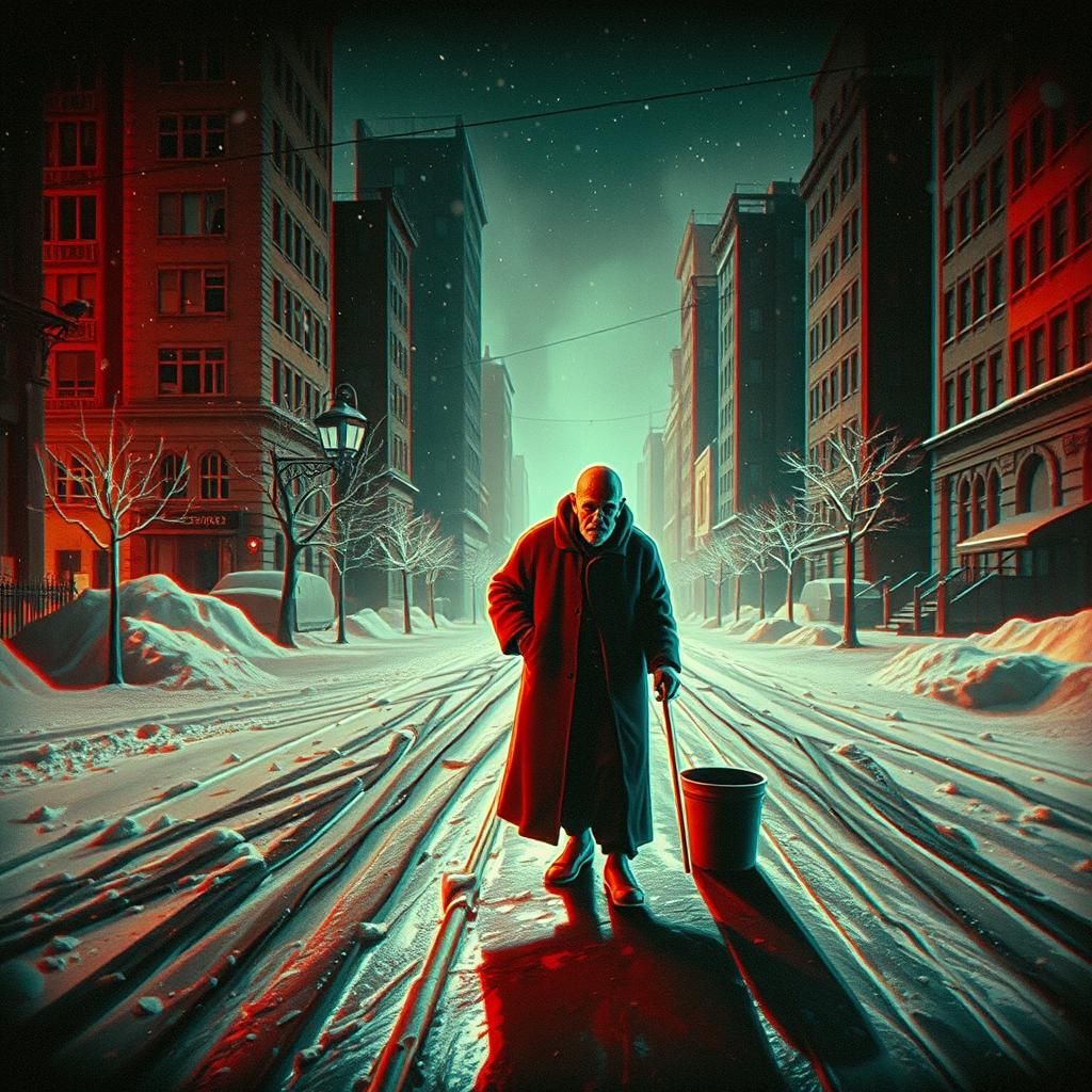Vintage Hologram of Medieval Leper in Icy City