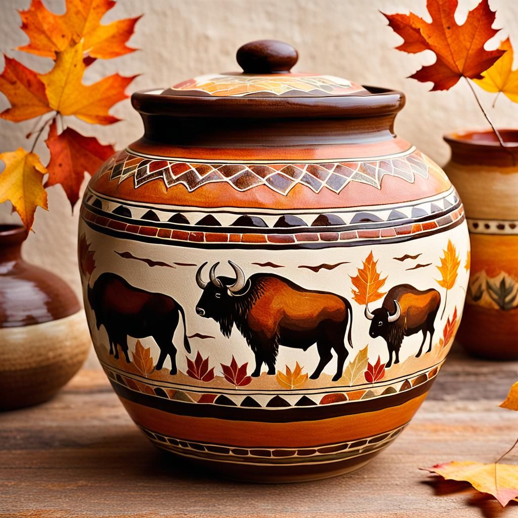 Native American Pottery Jar with Bison and Autumn Design
