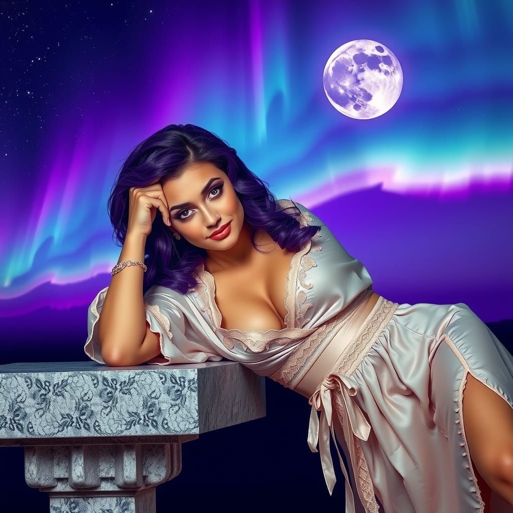 Woman on Stone Altar Under Vibrant Night Sky