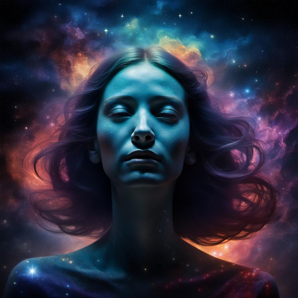 Mysterious Woman Floating in Surreal Galaxy