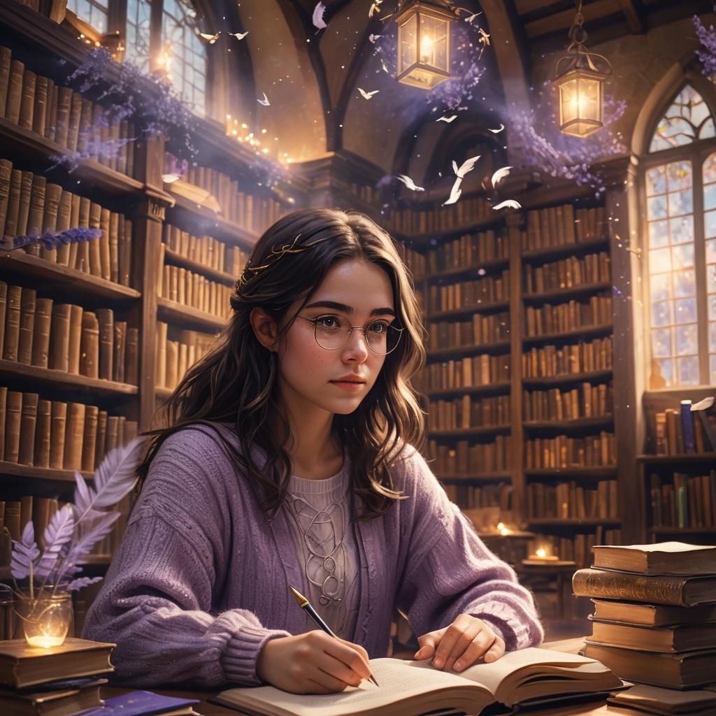 Mystical Library Scene with Young Woman, Fantasy Art