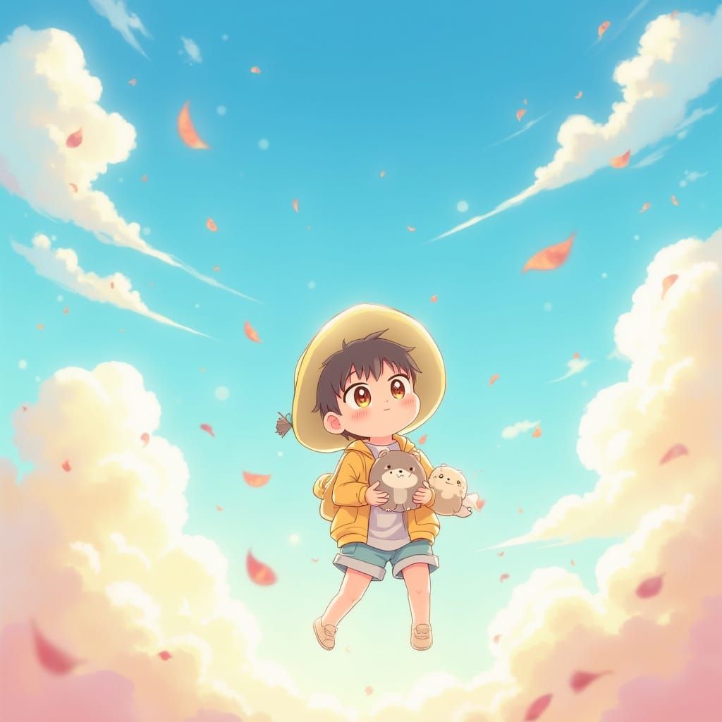 Whimsical Kawaii Boy Gazes Up at Pastel Paradise