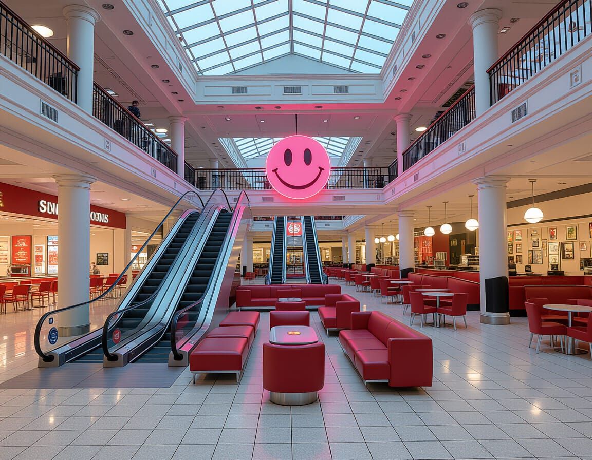 nostalgic dreamcore mall with escalators and cafeteria area ...