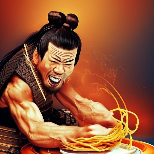 Samurai Eats Spaghetti: Hyperrealistic Splash Art