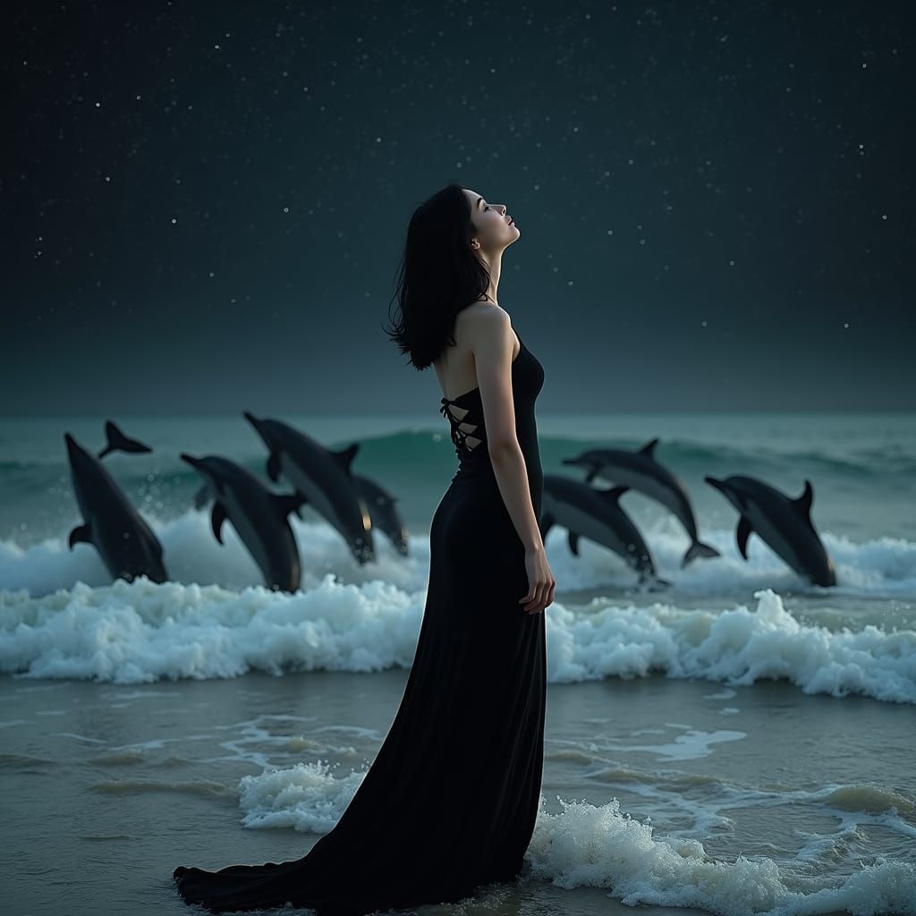 Woman and Dolphins at Night in Cinematic Style