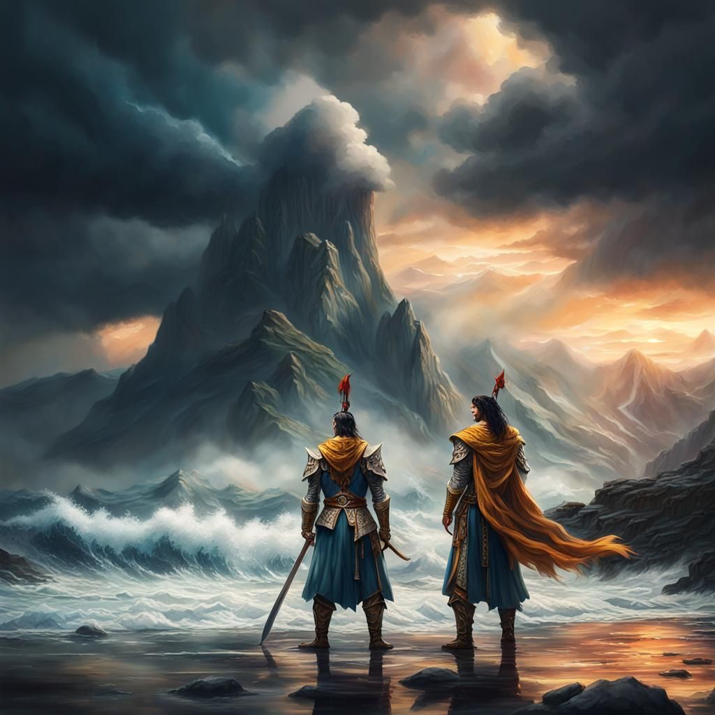 Fantasy Warriors Face Storm and Calm, Hyperrealistic