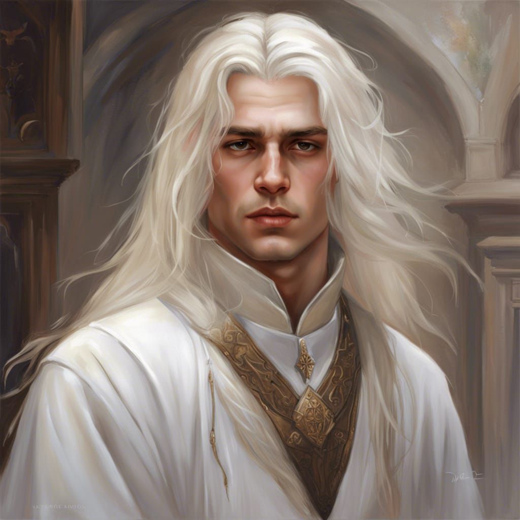 Medieval Man with White Hair, Detailed Digital Painting