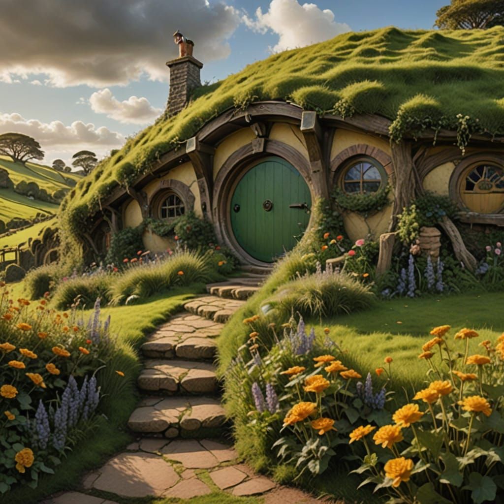 Whimsical Hobbiton Village Scene in Dreamy Arthur Rackham St...