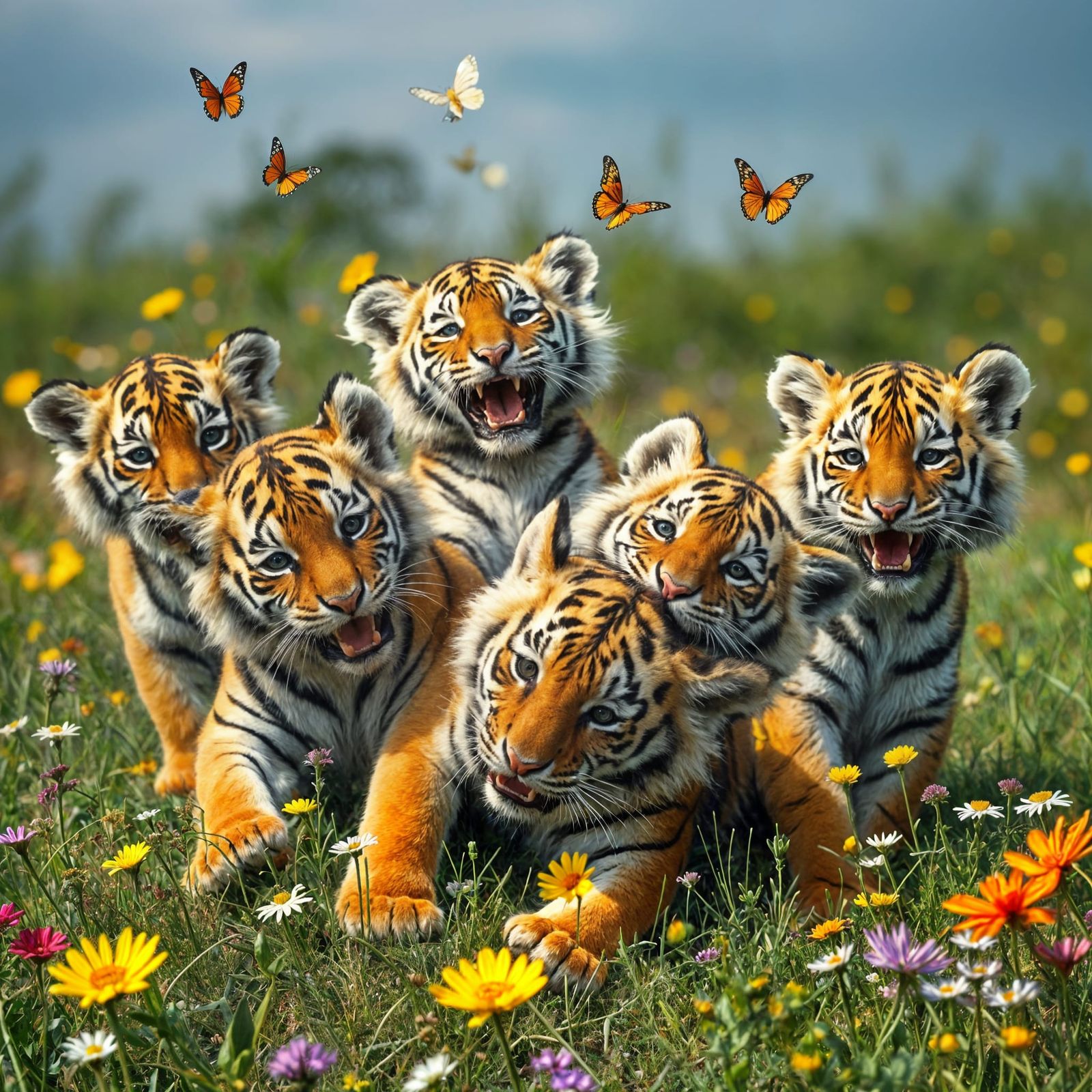 Tiger Cubs in a Vibrant Wildflower Meadow