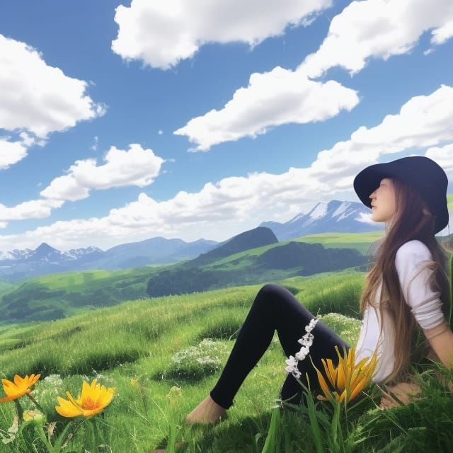 Relaxing Mountain View with Flowers and Meadows