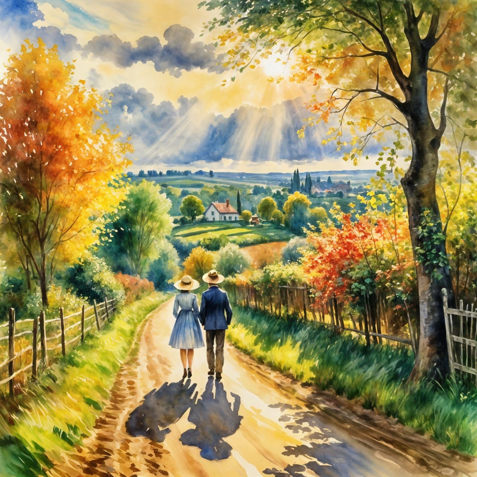Impressionistic Country Lane Walk in Watercolor