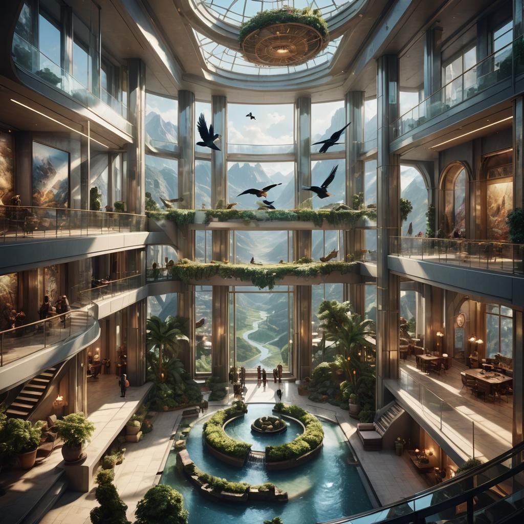 Elliptical Building with Cascade View in Light Colors