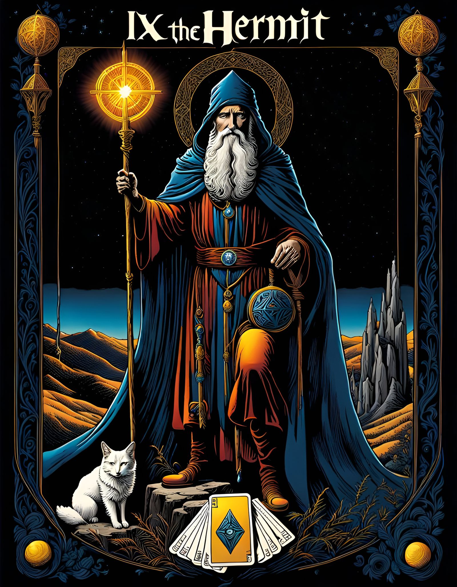 The Hermit Tarot Card Illustration in Traditional Style