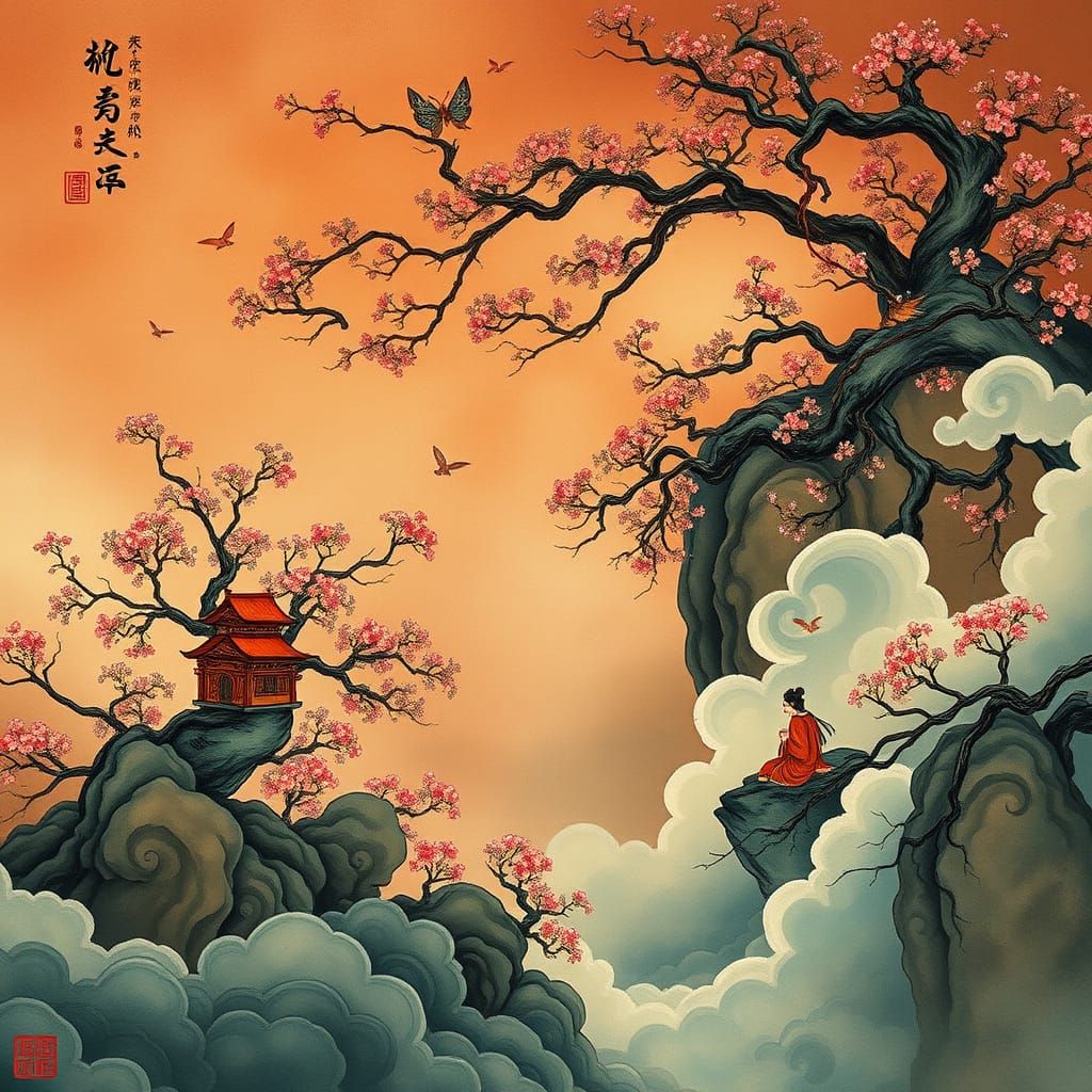 Gongbi-Inspired Chinese Painting of Mystical Dreamlike Scene