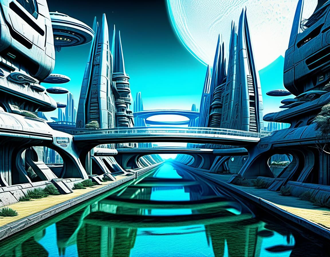 Futuristic Alien City with Canals and Bridges