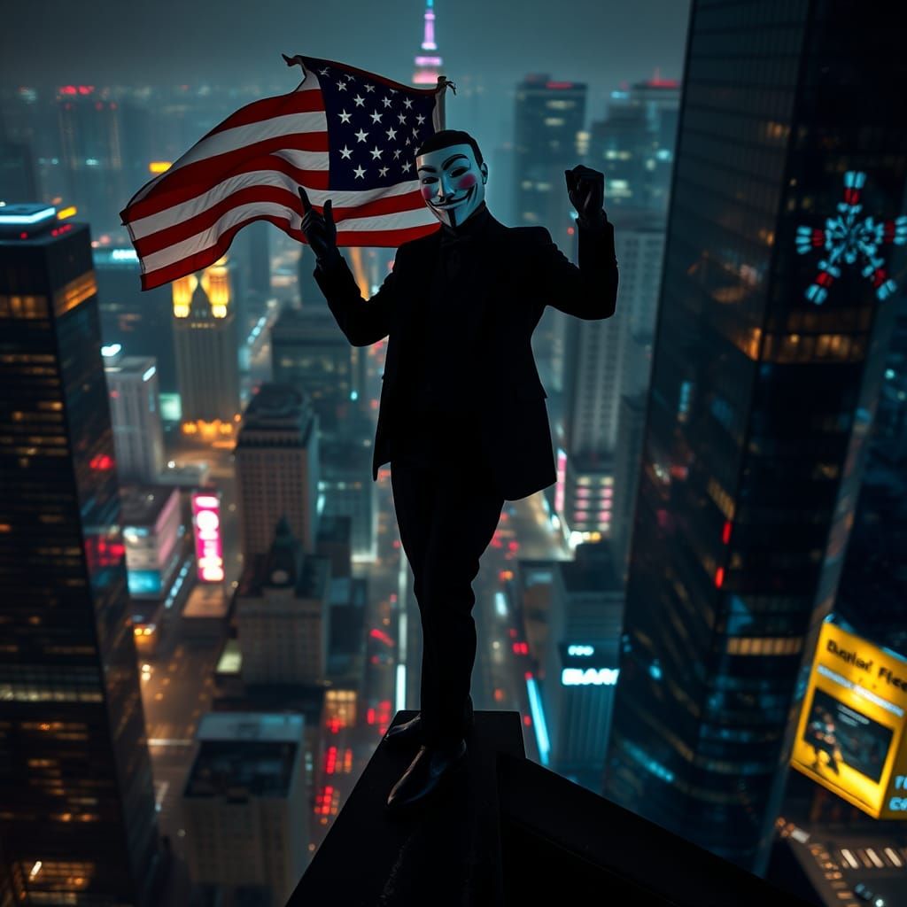Guy Fawkes Waving American Flag on Skyscraper