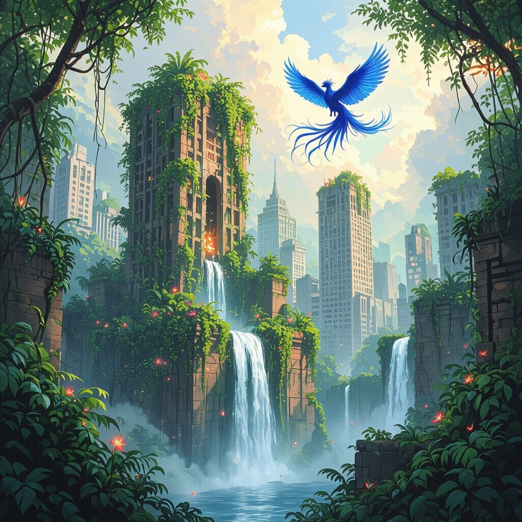 Jungle Metropolis: Blue Phoenix in a Vibrant Watercolor