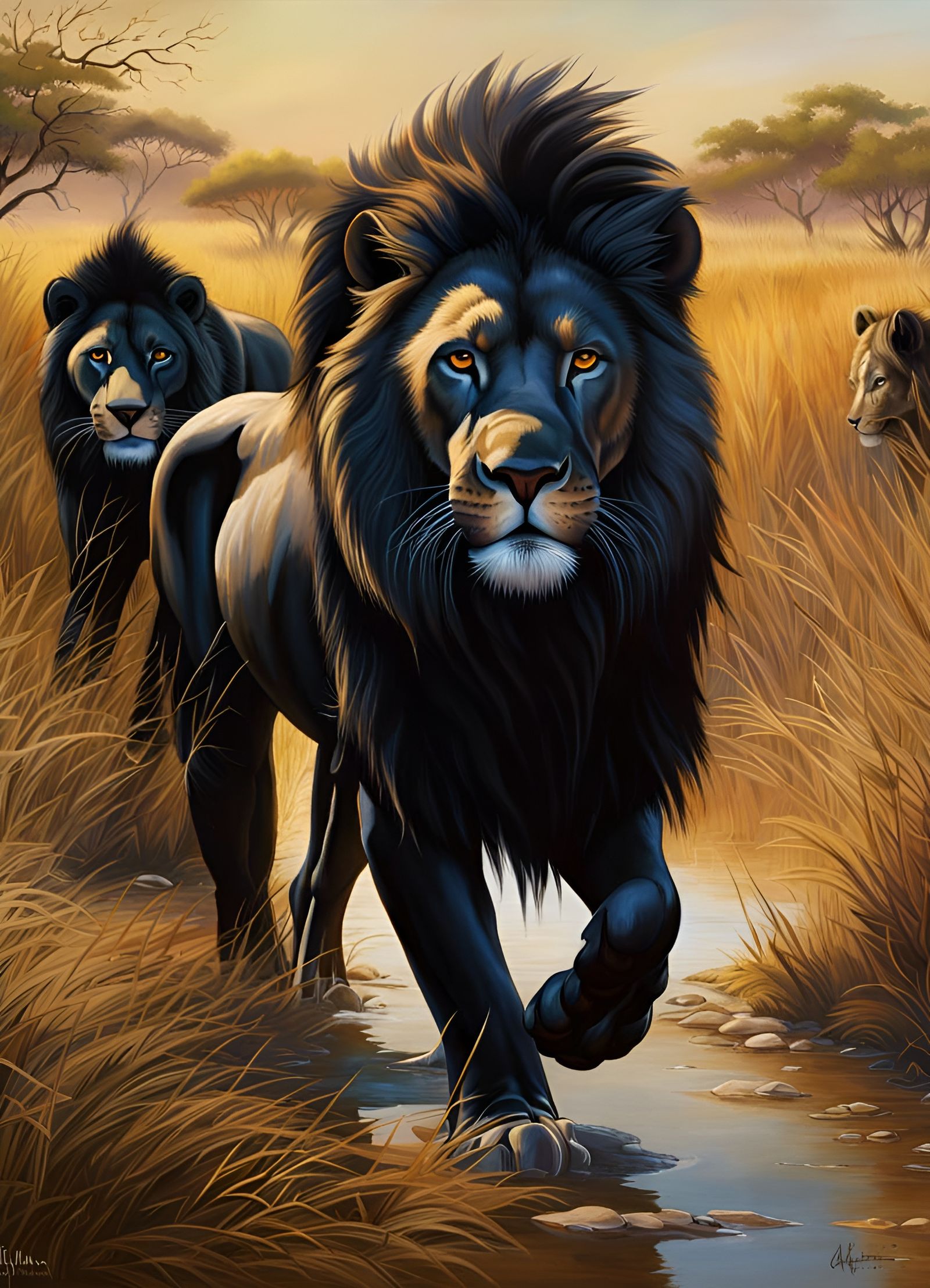 Black lion patriarch on a rugged savanna. Acacia grove.