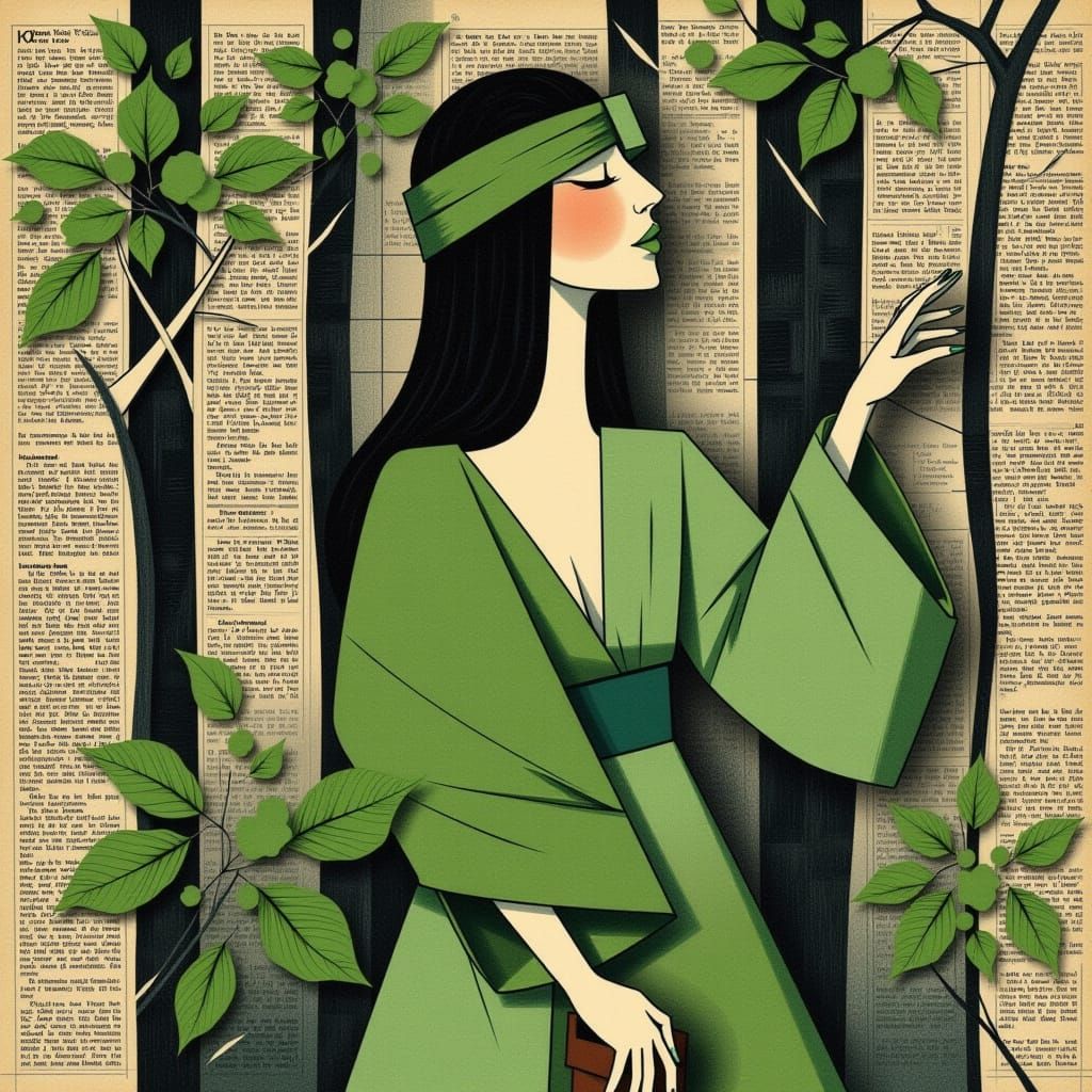 Woman in Constructivist Collage Style, Set in a Forest