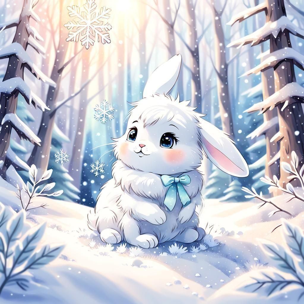 Fluffy White Bunny in Snowy Forest, Anime Style