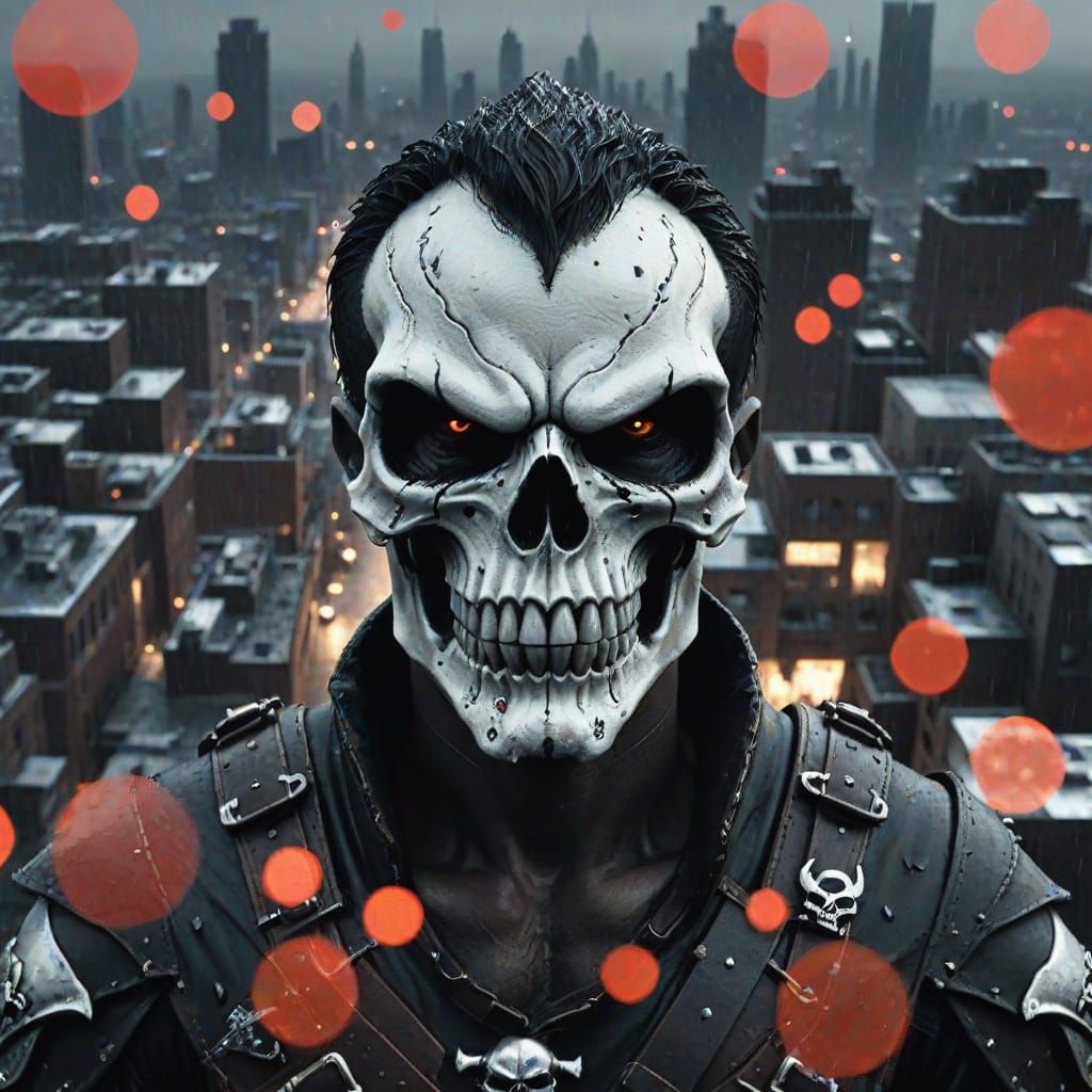 Lone Vigilante on Rooftop Overlooking Gritty Cityscape