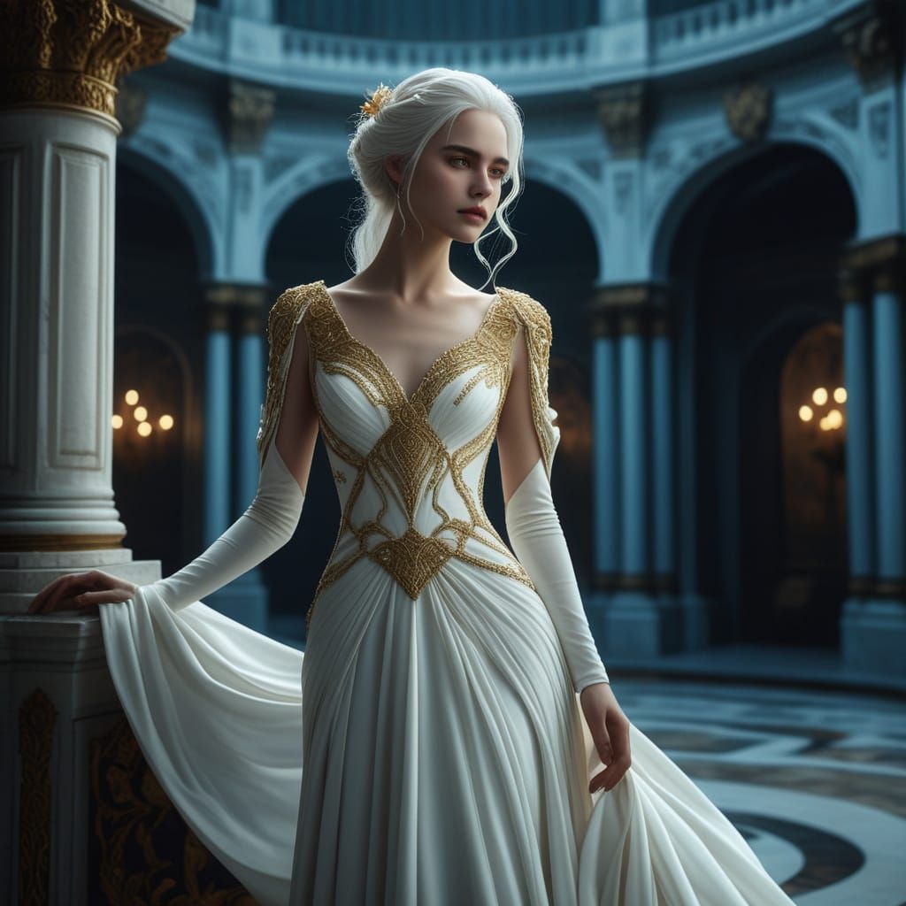 Regal Fantasy Character in Flowing White Gown with Gold Embe...