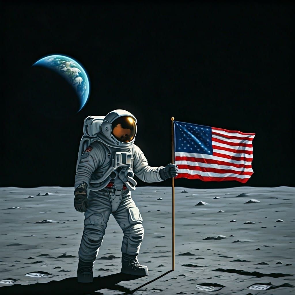 Astronaut Plants Flag on Lunar Surface in Futuristic, Impres...