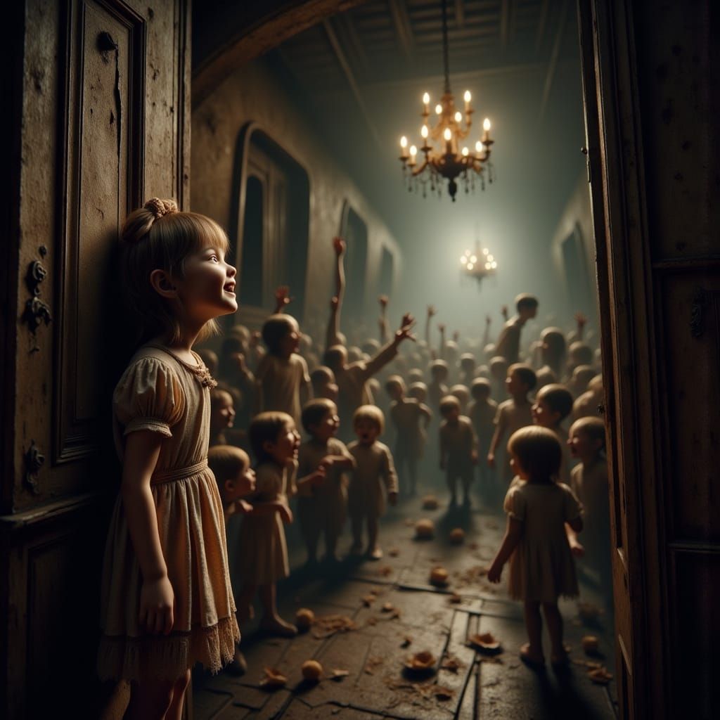 Child with Luminescent Eyes Peeking Through Door