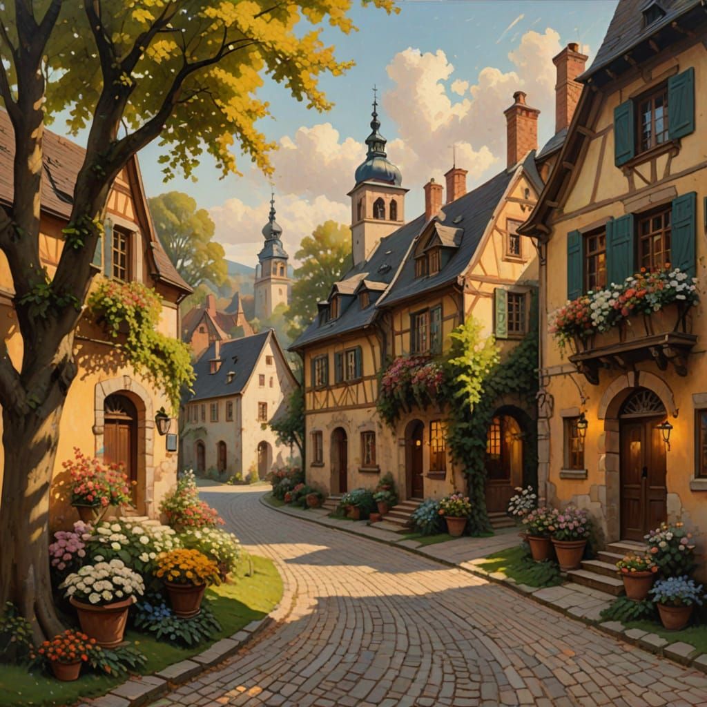 Biedermeier Village Scene with Elegant Bourgeois People