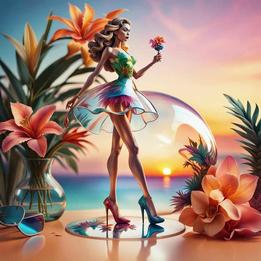 Fashionista in Glass Bubble with Tropical Flowers