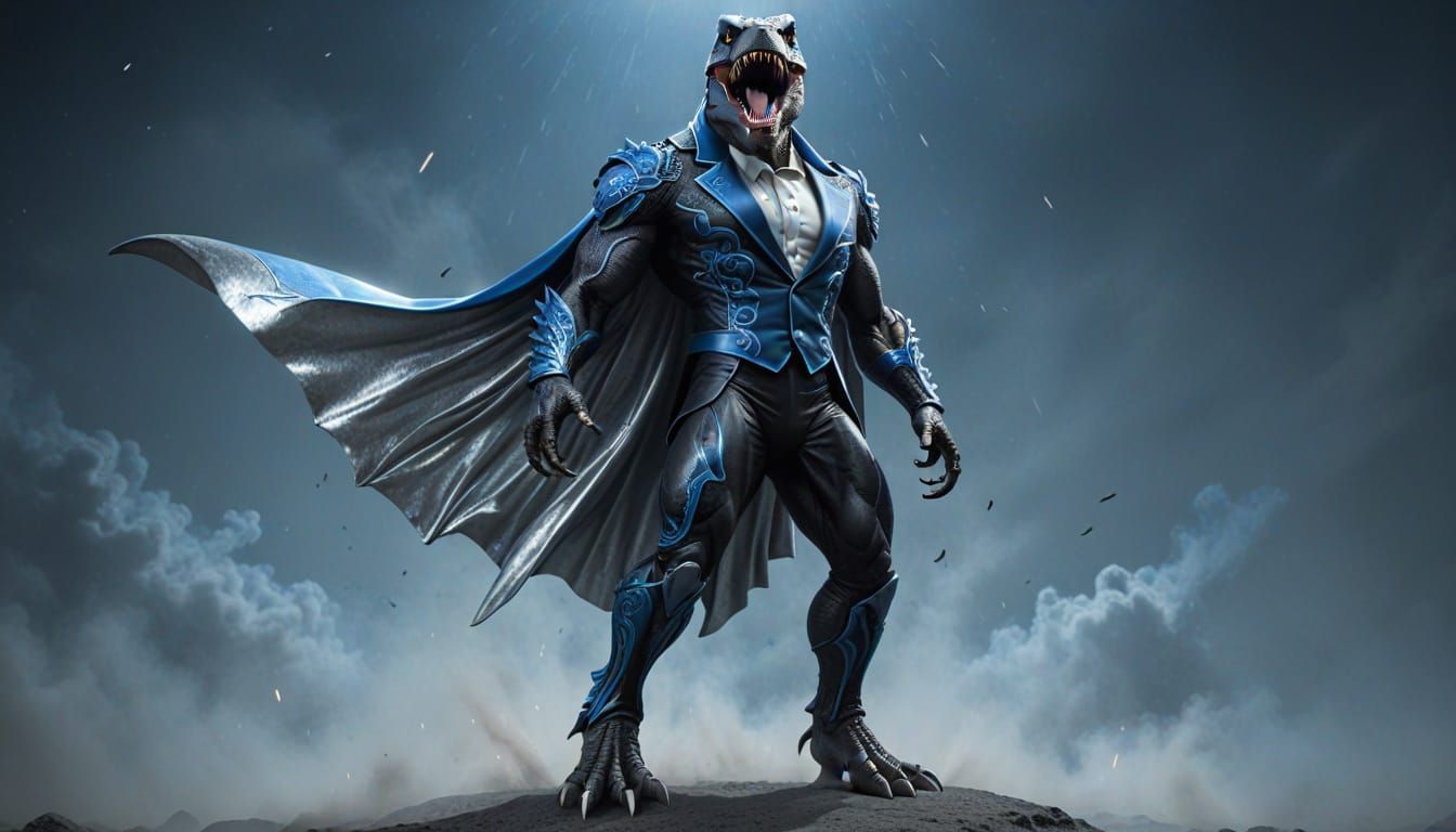 T-Rex Human Hybrid Roaring in Tuxedo