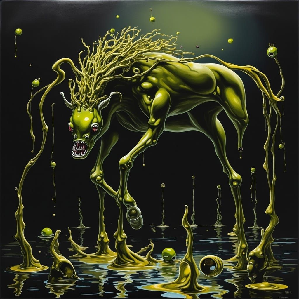 Eerie Kelpie Emerges from Bayou in Dark Surrealism