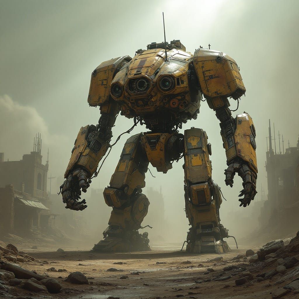 Worn Battle-Mech in Ghost Town: Dystopian Sci-Fi