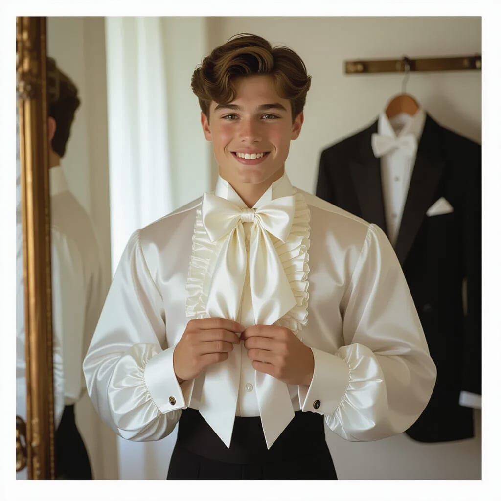 Teenage Male in Satin Shirt Before Mirror