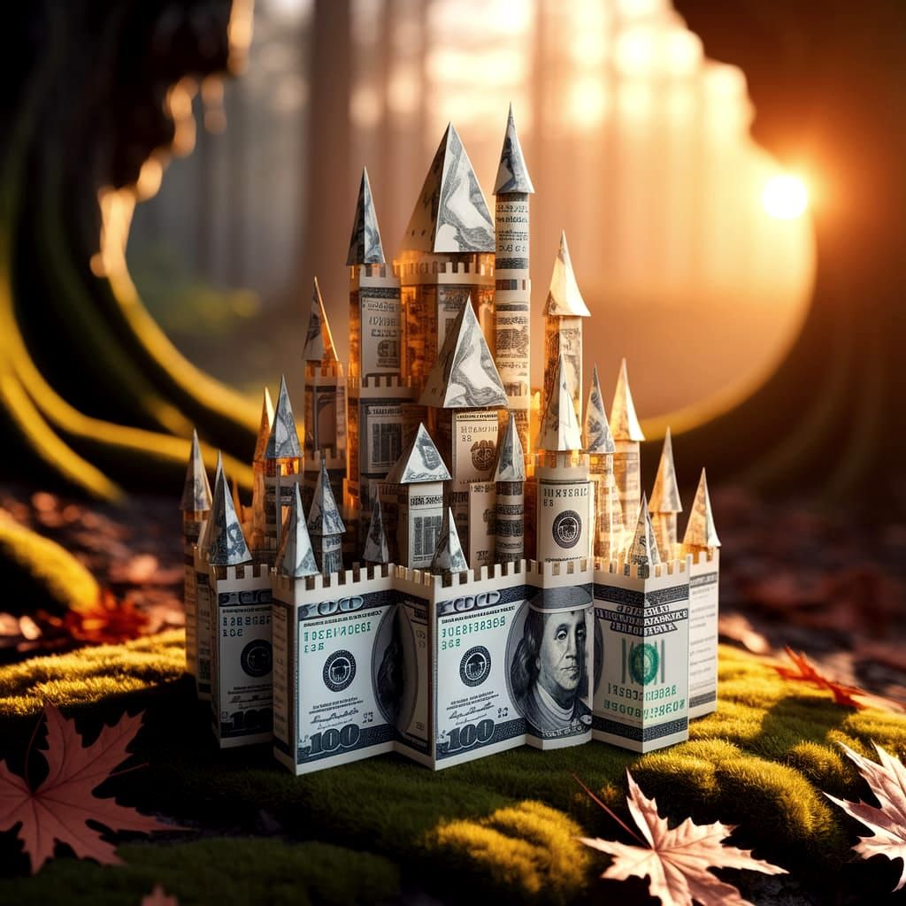 Money Origami Castle Bathed in Sunset Glow
