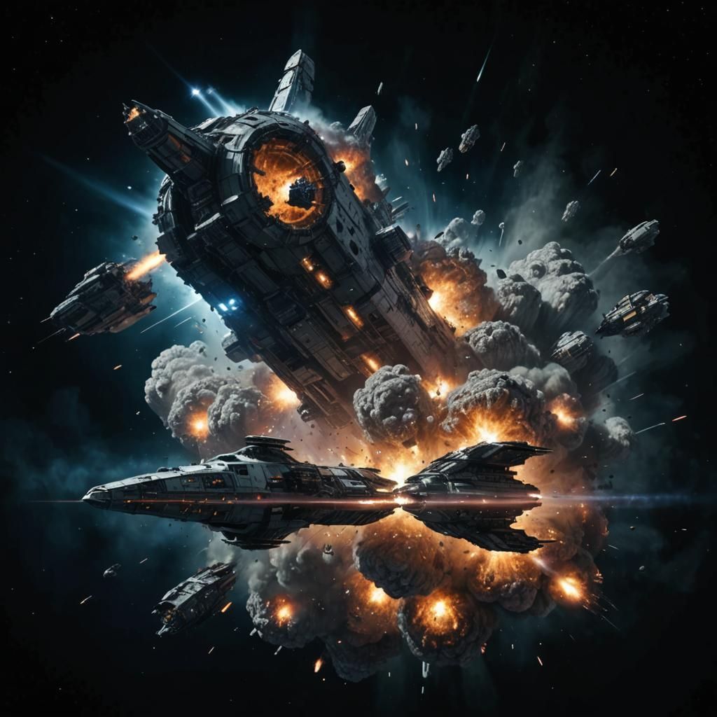 Spaceship Escapes Explosions in Space Battle