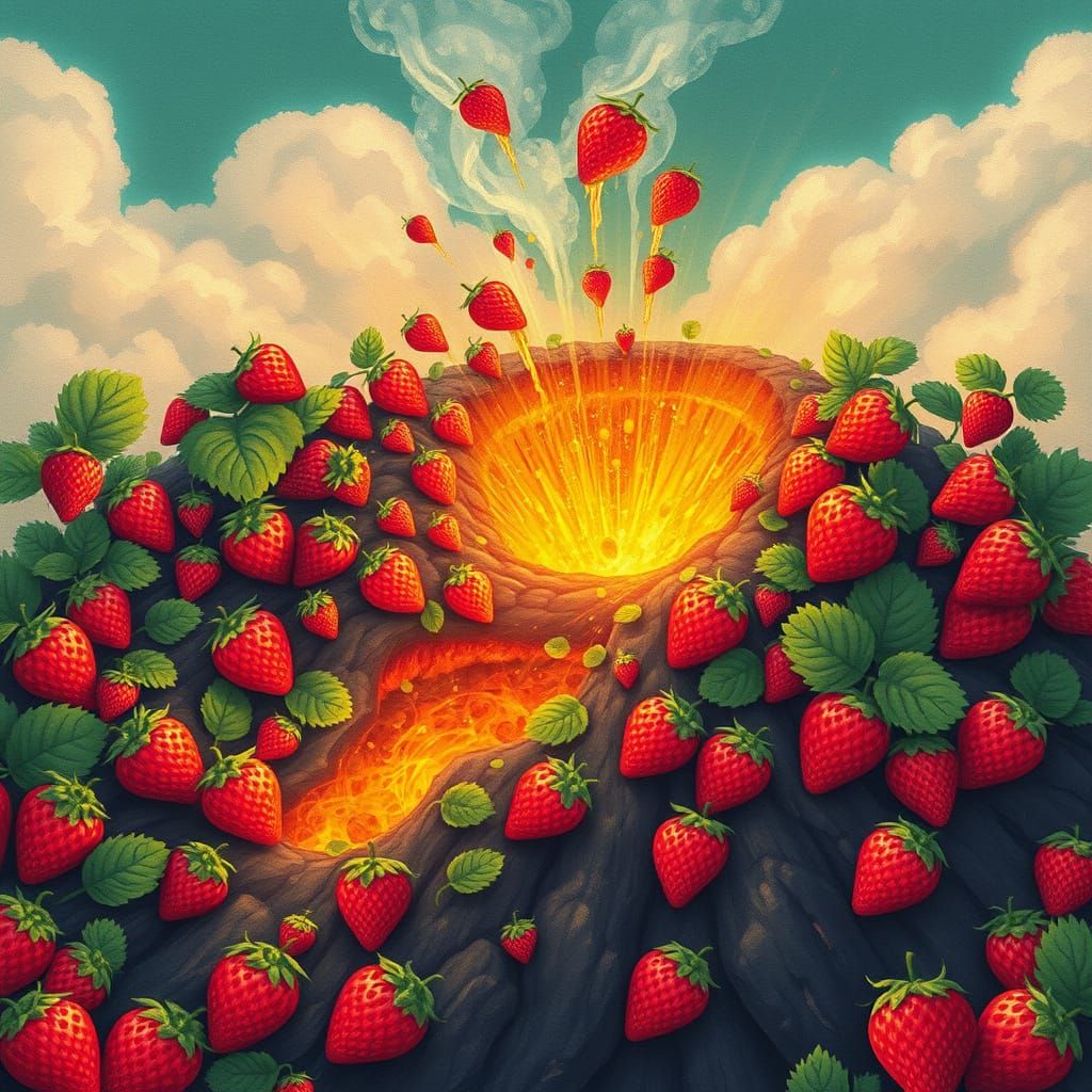 Strawberry Volcano in Dreamlike Digital Art Style