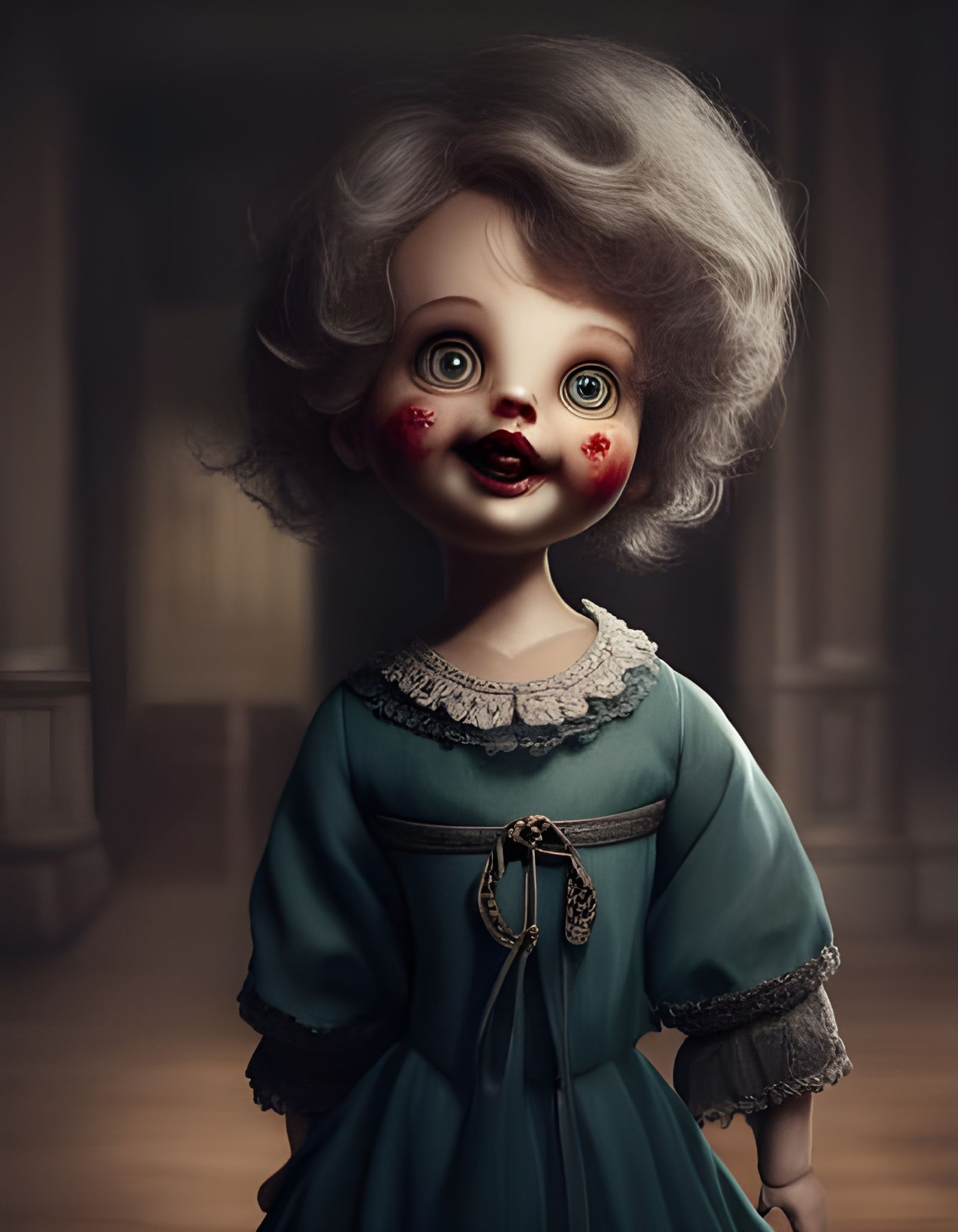 Creepy Horror Doll Portrait in Dark Hall