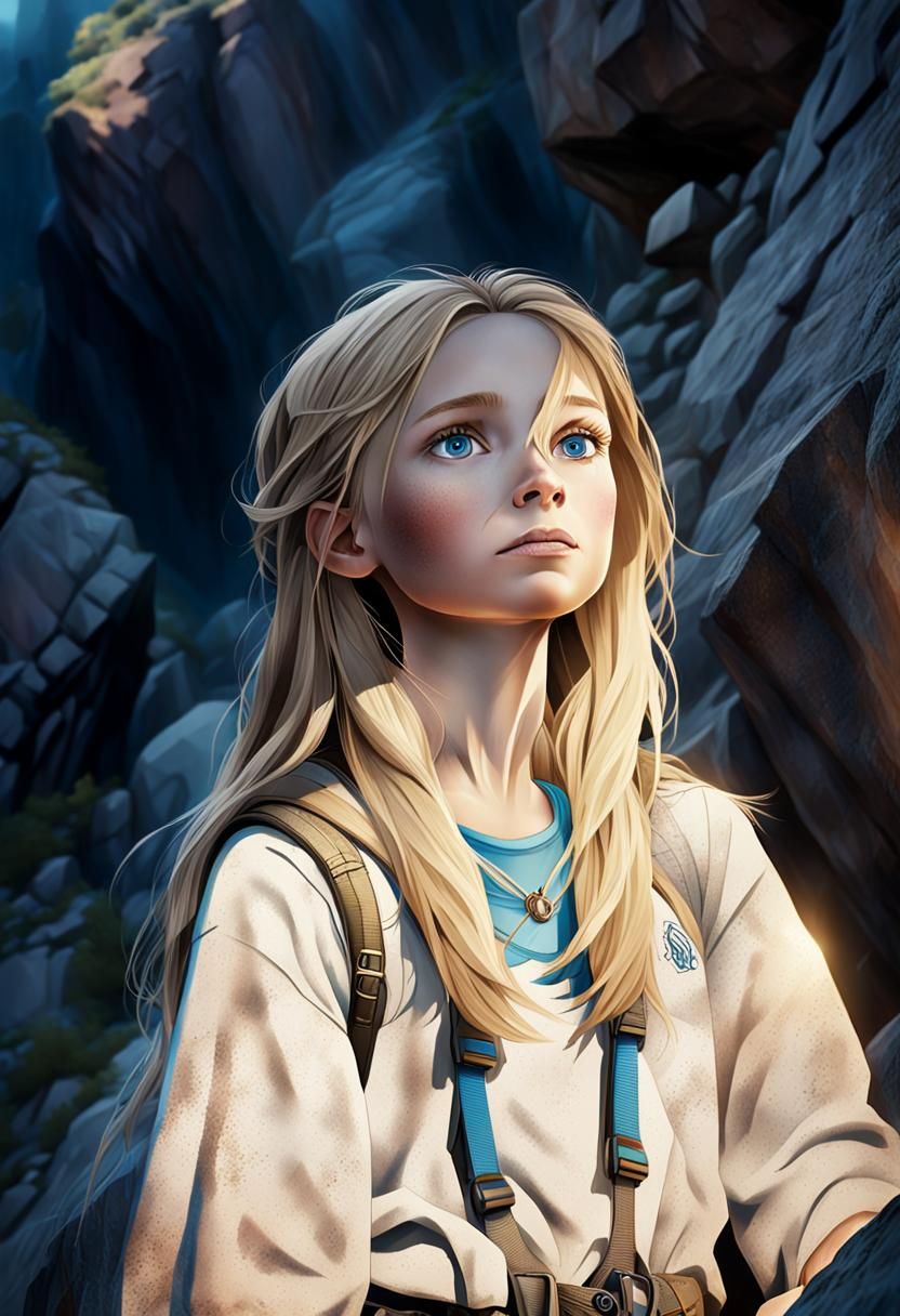 Girl Climbing Cliff: Photorealistic Concept Art