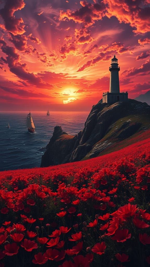 Surreal Gothic Landscape with Red Flowers and Ancient Lighth...