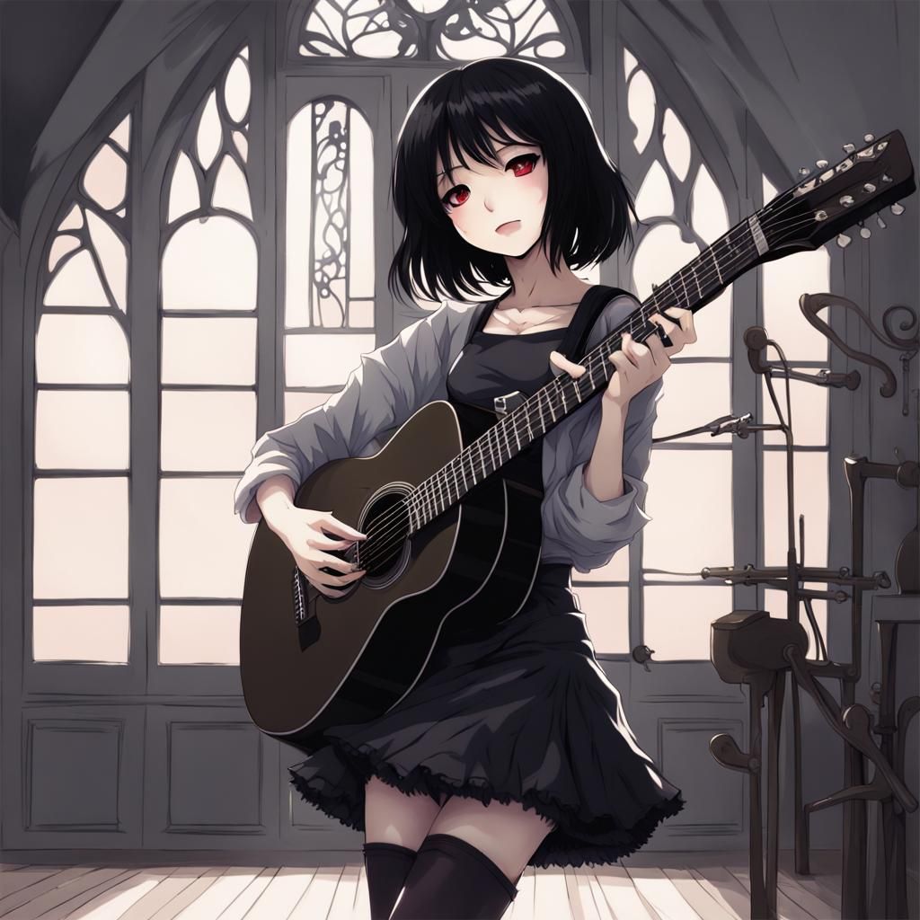 Gothic Teen Guitarist in Anime Style