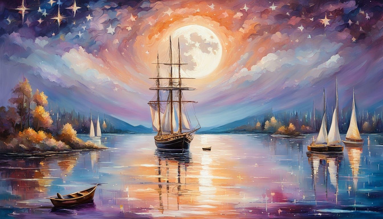 Mystical Sailship Harbor Under Huge Moon, Fine Art Style